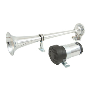 Trumpet Solo Air Horn in Chrome Metal & 12V Compressor for Cars, Ute, Truck, RV and Train