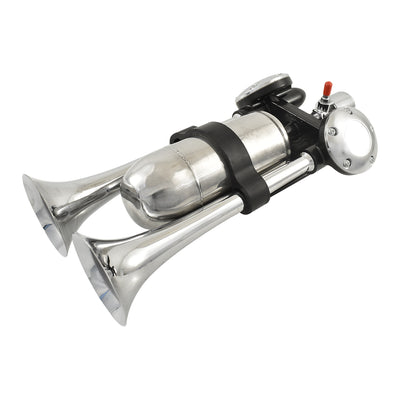 Moby Dick Twin Trumpet Echo Chamber Air Horn, Chrome, 12V 24V
