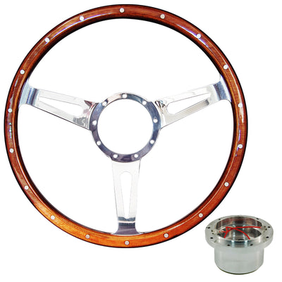 15" DIAM 2" DEEP WOOD RIM STEERING WHEEL & BILLET ADAPTOR FORD MUSTANG 64-66 2W
