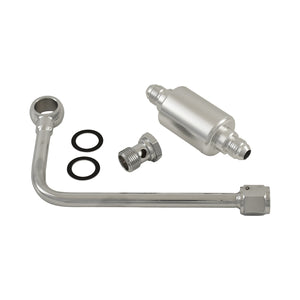 Chrome Steel Fuel Line Single Inlet with Billet Aluminium Filter for Edelbrock Carbs, 6AN Inlet