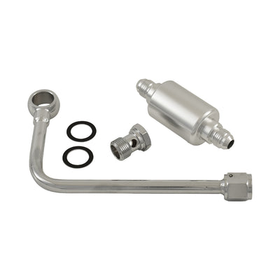 Chrome Steel Fuel Line Single Inlet with Billet Aluminium Filter for Edelbrock Carbs, 6AN Inlet