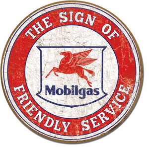 Mobil - Friendly Service - Round Metal Tin Sign 29.8cm Diameter Genuine American Made