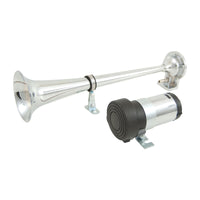 Trumpet Solo Air Horn in Chrome Metal & 12V Compressor for Cars, Ute, Truck, RV and Train
