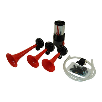 Triple Trumpet Alternating 12V Air Horn Set W/Strong Chrome Compressor