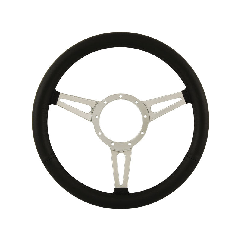 14" Aluminium 9 Bolt Steering Wheel Black Leather Full-Wrap Slotted Spokes