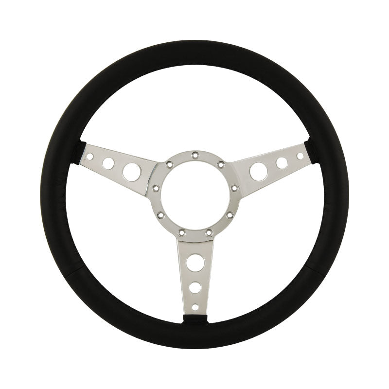 15" Aluminium 9 Bolt Steering Wheel Black Leather Full-Wrap Spokes w/Holes