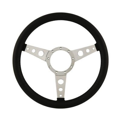 15" Aluminium 9 Bolt Steering Wheel Black Leather Full-Wrap Spokes w/Holes