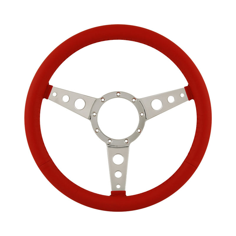 15" Aluminium 9 Bolt Steering Wheel Red Leather Full-Wrap Spokes w/Holes