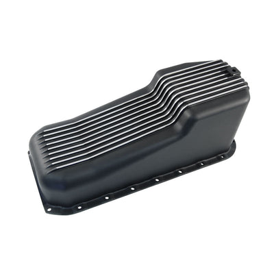 SB CHEV Black Finned Aluminium Oil Pan Sump Left-Hand Dipstick 1965-79