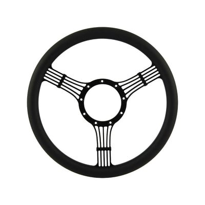 CAL CUSTOM 14" BANJO BILLET STEERING WHEEL BLACK ½ WRAP Anodised Black Spokes & Finger Notches