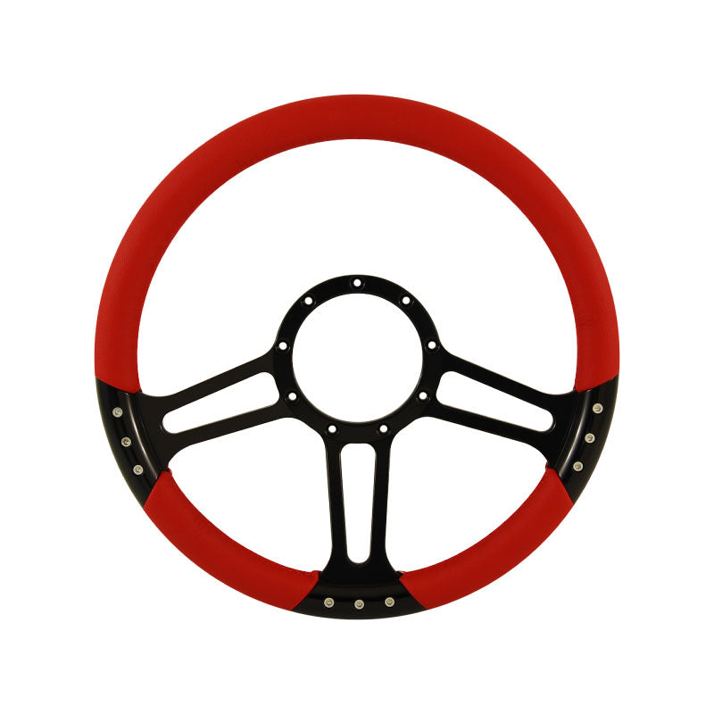 Cal Custom 14" Boost Black Anodised Billet Aluminium 9 Bolt Steering Wheel Red Leather Full-Wrap