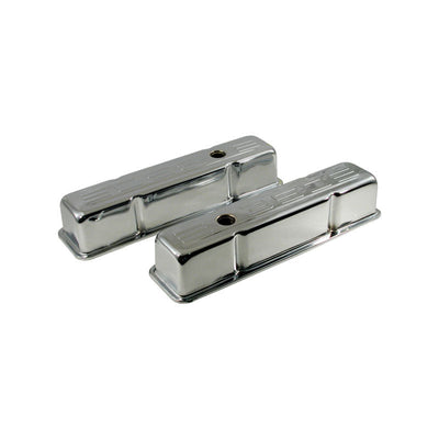 350 Logo Chev Small Block Tall Chrome Steel Valve Rocker Covers Pair